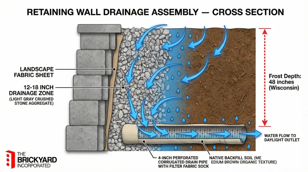 Retaining wall drainage assembly cross-section with gravel pipe and landscape fabric