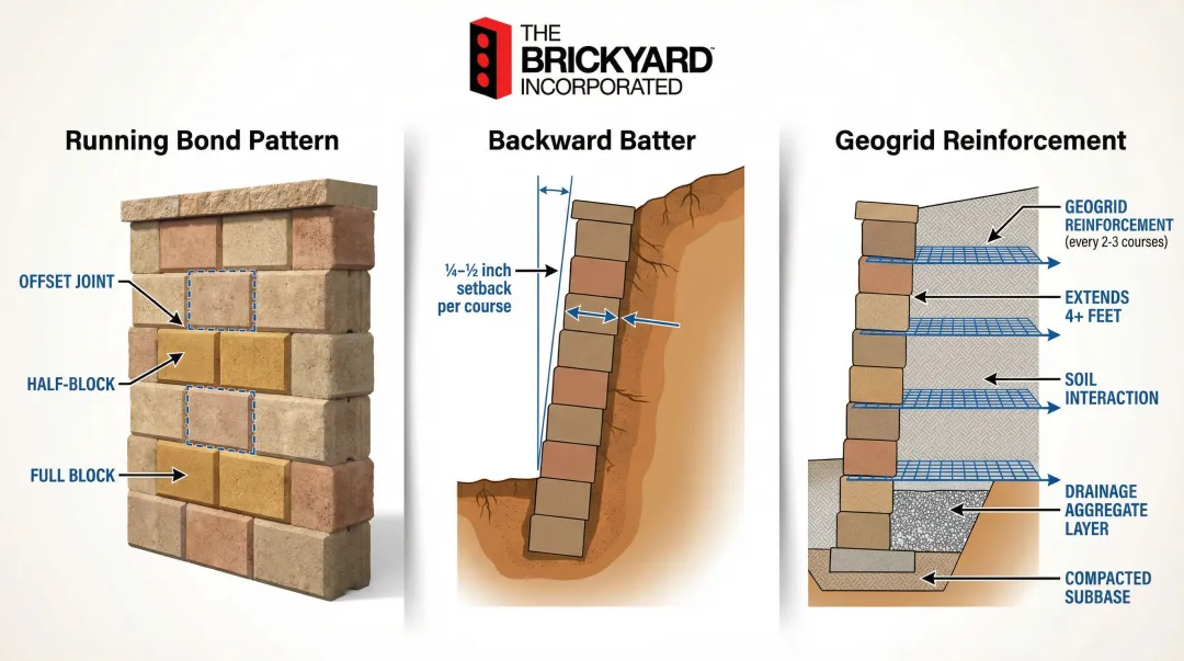 Three retaining wall stacking techniques running bond batter and geogrid reinforcement