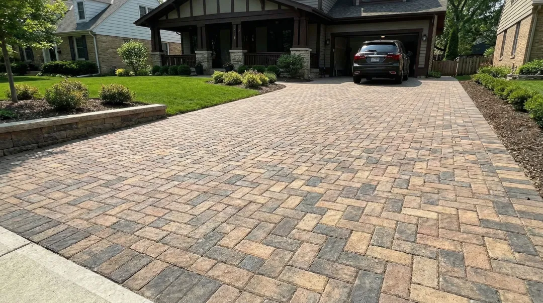 Concrete paver driveway installation showcasing interlocking units pattern and curb appeal