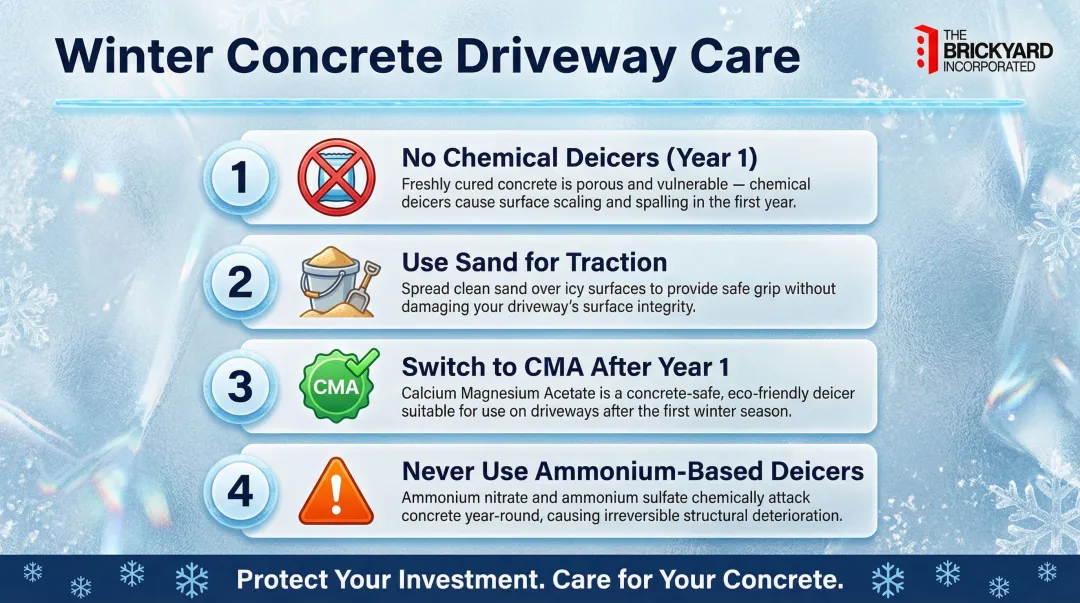 Concrete driveway winter care best practices infographic for freeze-thaw climates