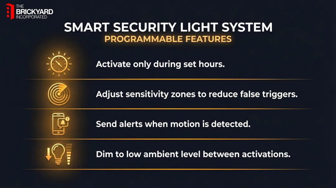Four smart security lighting programmable features overview infographic