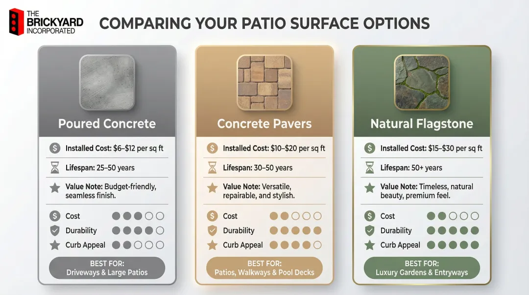 Flagstone versus concrete versus pavers installed cost lifespan and value comparison chart
