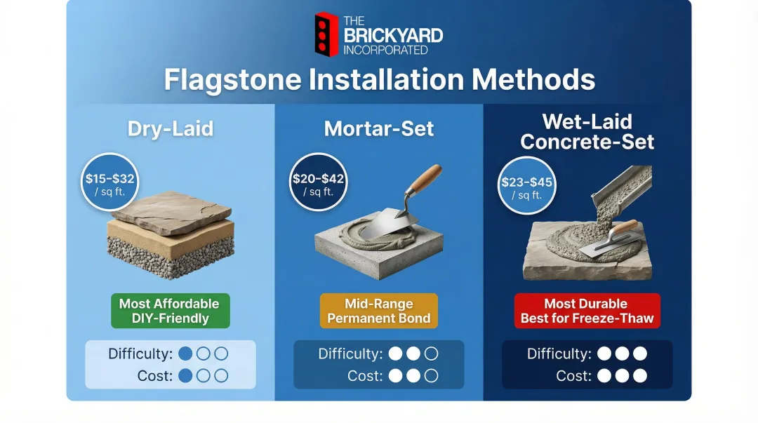 Three flagstone installation methods dry-laid mortar-set wet-laid cost comparison infographic