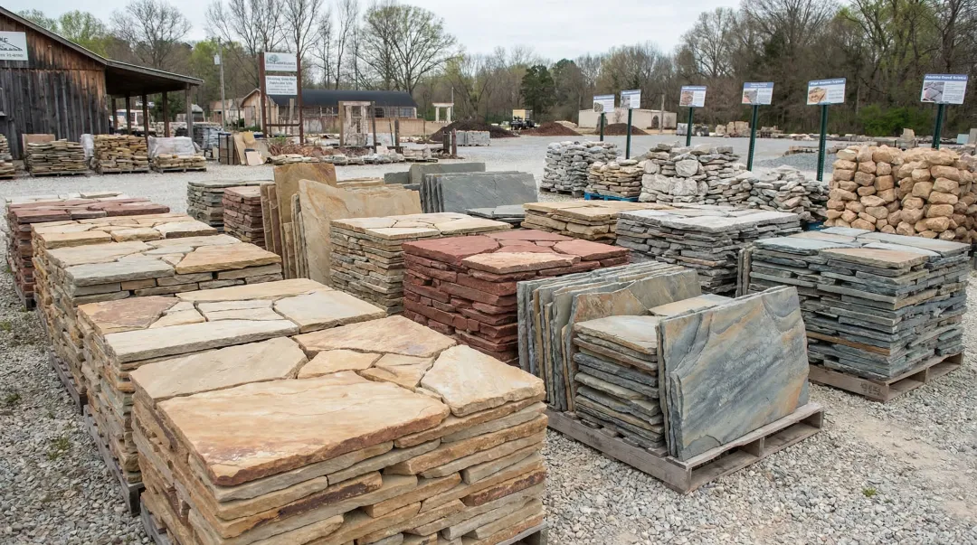 Hardscape supplier yard displaying natural flagstone slabs for patio selection