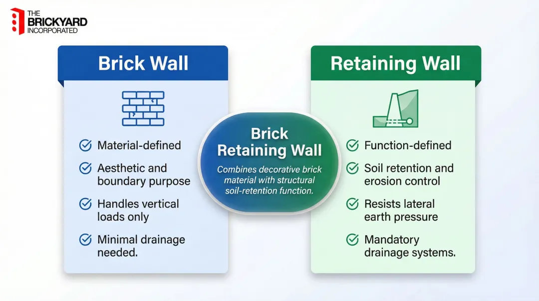 Brick wall versus retaining wall side-by-side feature comparison infographic