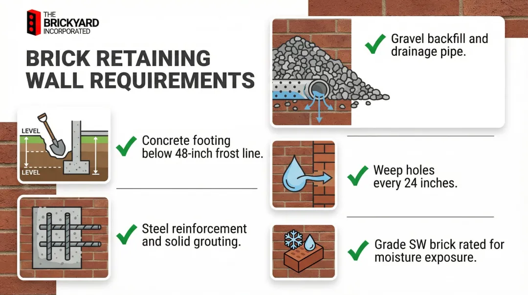 Five requirements for building an engineered brick retaining wall checklist infographic
