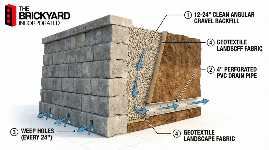 Four-component retaining wall drainage system cross-section diagram infographic