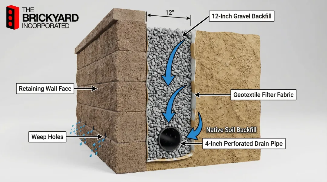 Retaining wall drainage system cross-section showing gravel backfill pipe and fabric layers
