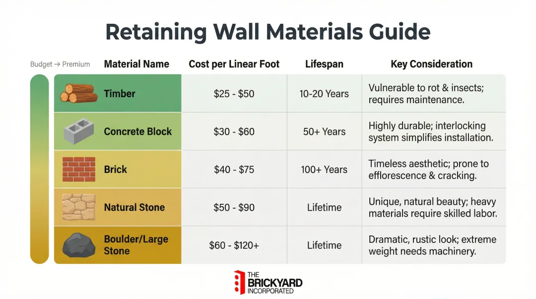 Retaining wall material cost comparison chart with lifespan and key considerations