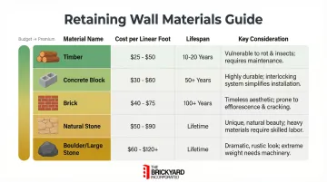 Retaining wall material cost comparison chart with lifespan and key considerations