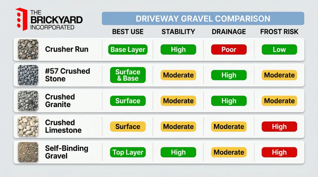 Five driveway gravel types compared by stability drainage and frost risk