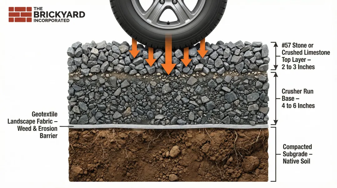 Layered gravel driveway cross-section showing base and top layer installation depths
