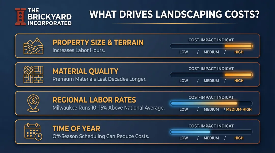 Landscaping project cost factors breakdown infographic with pricing ranges and impact levels