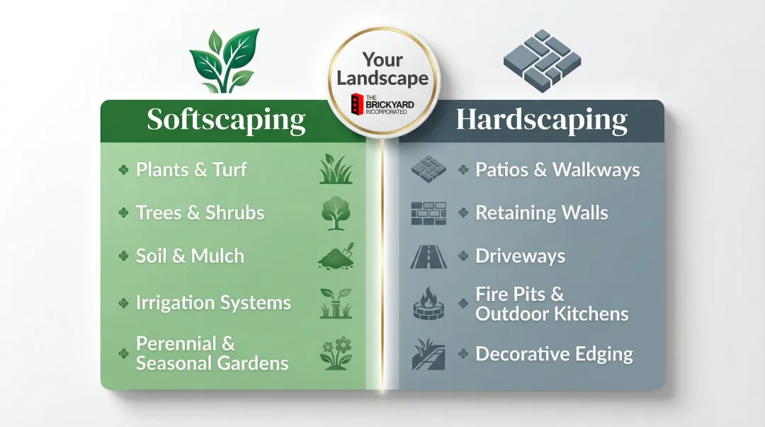 Softscaping versus hardscaping landscaping categories side-by-side comparison infographic