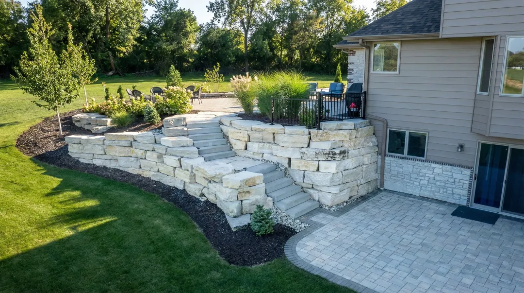 Professionally installed paver patio with stone retaining wall and outdoor seating area