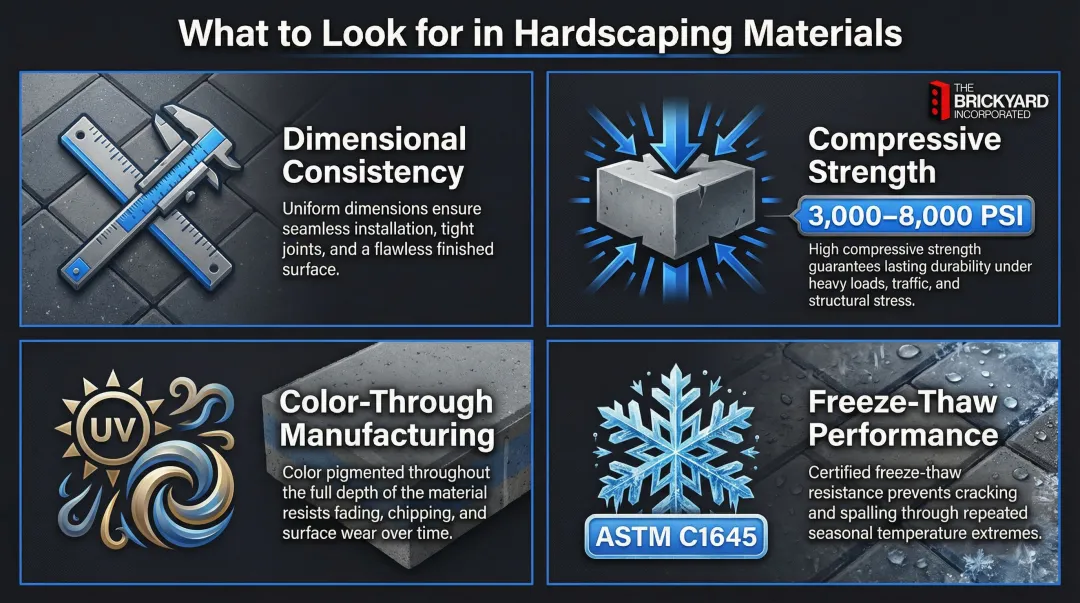 Four hardscaping material quality criteria dimensional consistency compressive strength freeze-thaw performance