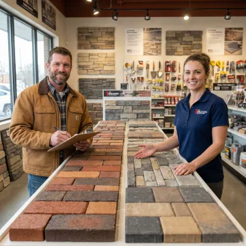 Contractor reviewing brick and stone samples at a masonry supply showroom
