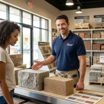 Expert staff at The Brickyard assisting a customer selecting retaining wall blocks