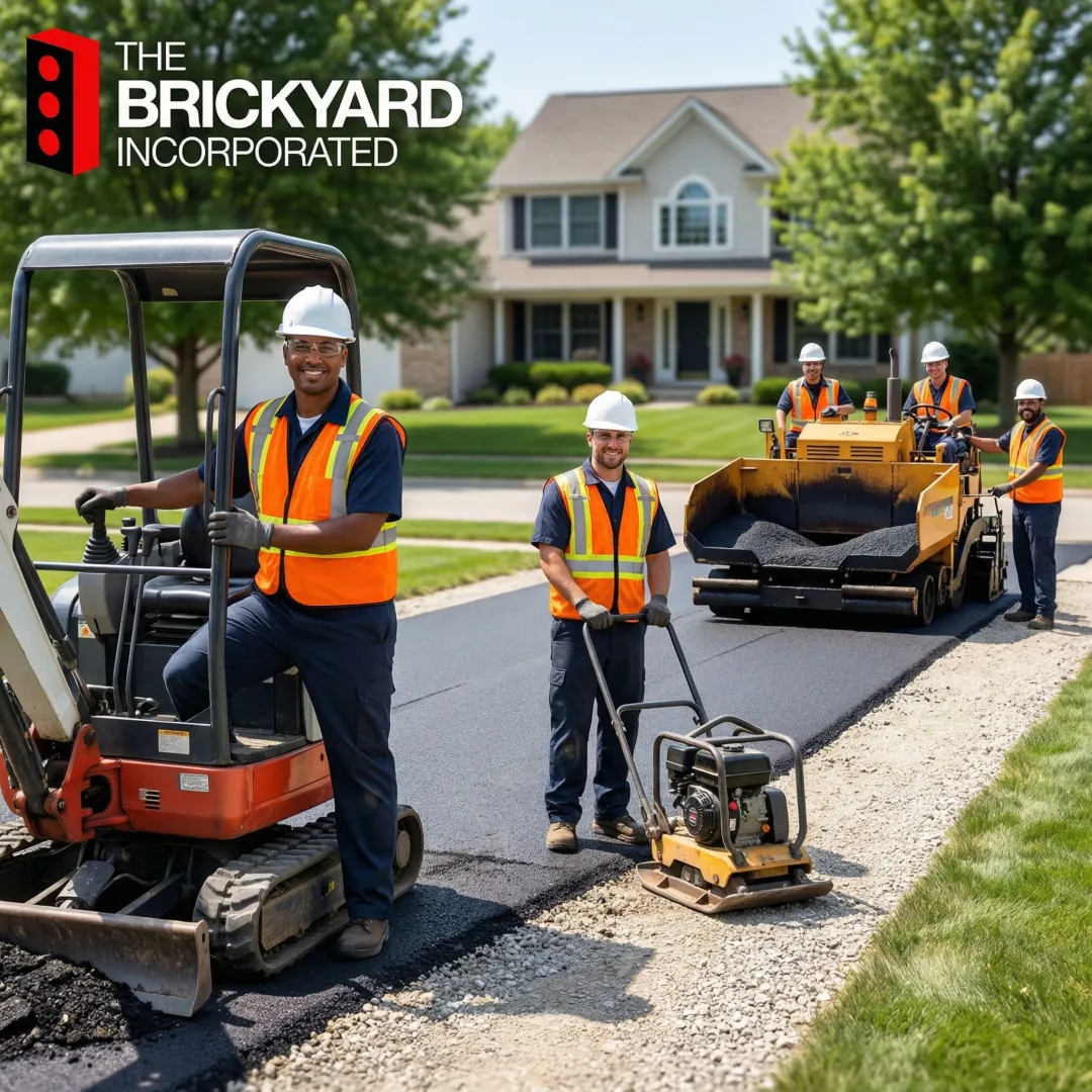 Step-by-step driveway paving process showing site preparation and asphalt installation