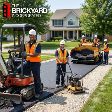 Step-by-step driveway paving process showing site preparation and asphalt installation