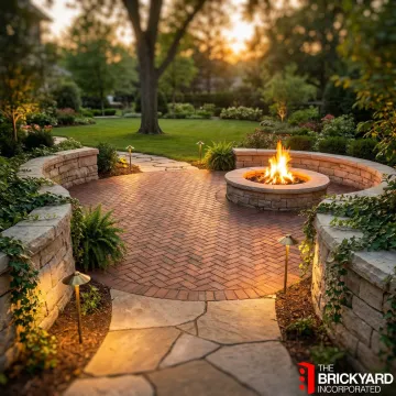 Outdoor living space featuring brick patio, stone retaining walls, and a built-in fire pit
