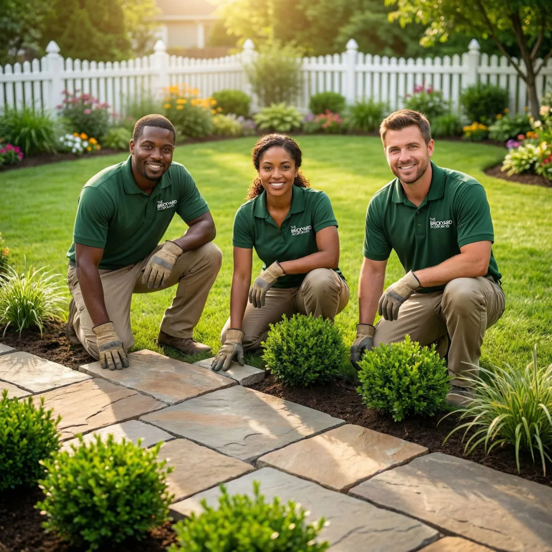 Professional landscape crew installing hardscape pavers and lush plantings in a Decatur, GA backyard
