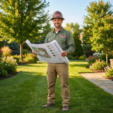 Landscape professional reviewing a design plan on a clipboard at a residential property