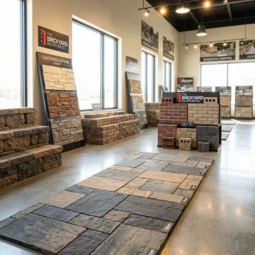 Variety of brick, stone, and paver materials displayed for residential landscaping selection