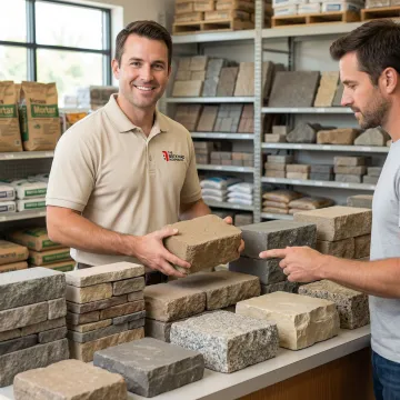 Staff member helping a customer select retaining wall blocks at a masonry supply yard