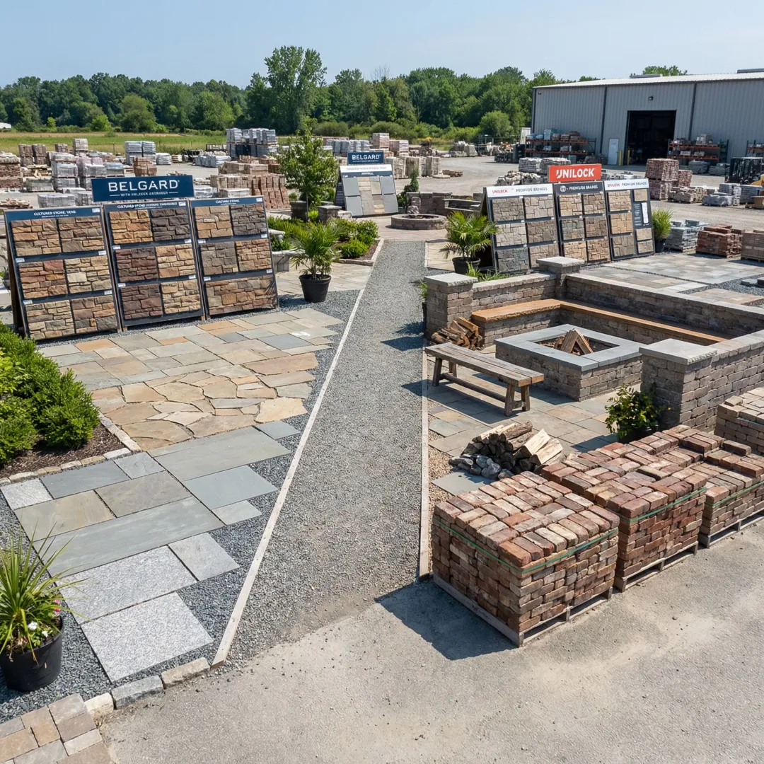 Premium outdoor living products including pavers, stone, and outdoor kitchen materials displayed at a hardscape supply yard