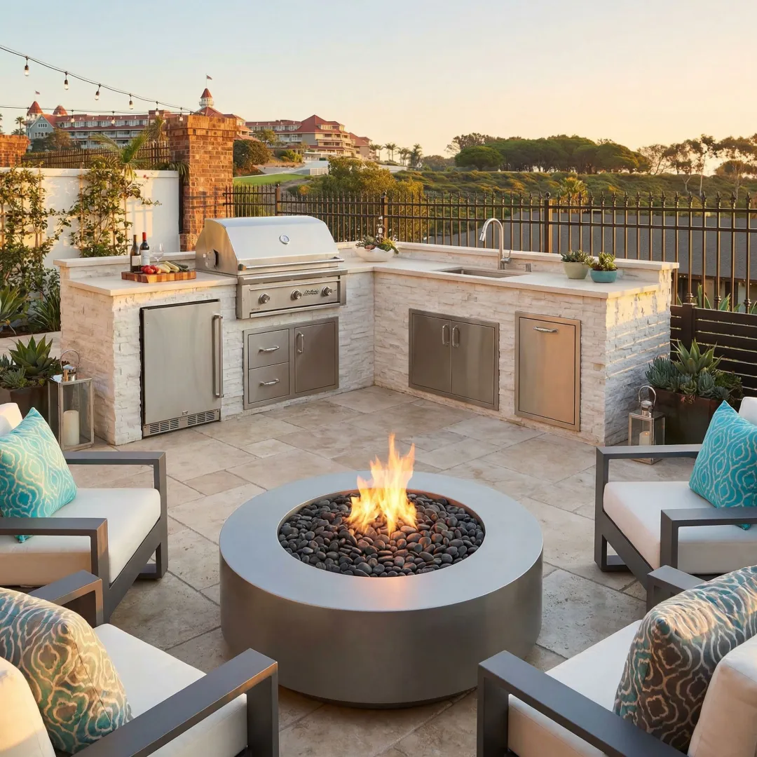 Expert outdoor living contractors installing a stone patio and outdoor kitchen in San Diego