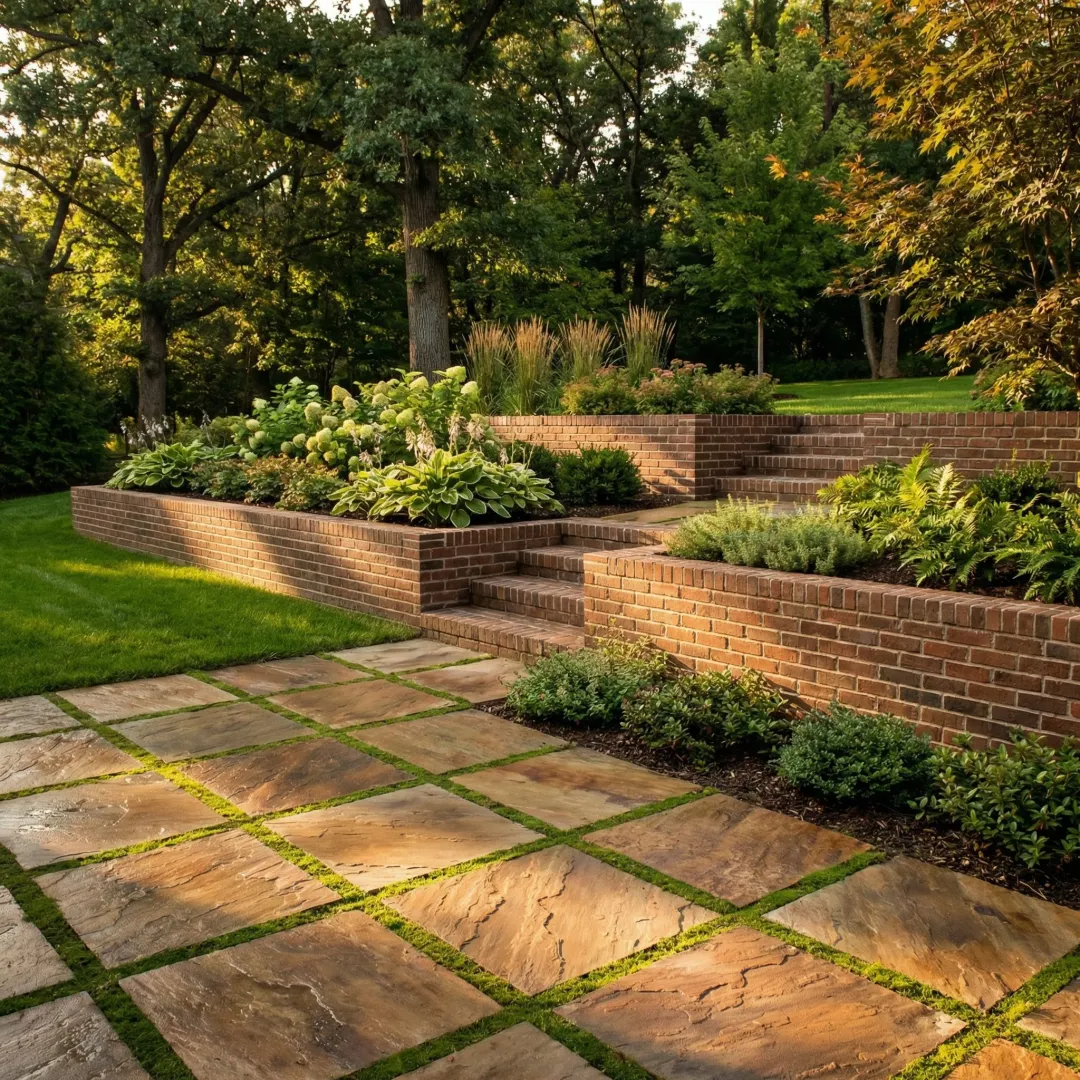 Professional landscaping design with brick pavers and stone retaining walls in a residential backyard