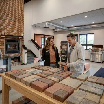 Homeowner and sales consultant reviewing brick and paver samples at a landscaping supply store