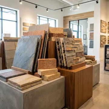Variety of landscape pavers and brick materials displayed at a Houston supply store