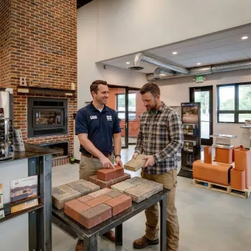 Staff member assisting a contractor in selecting masonry materials at The Brickyard