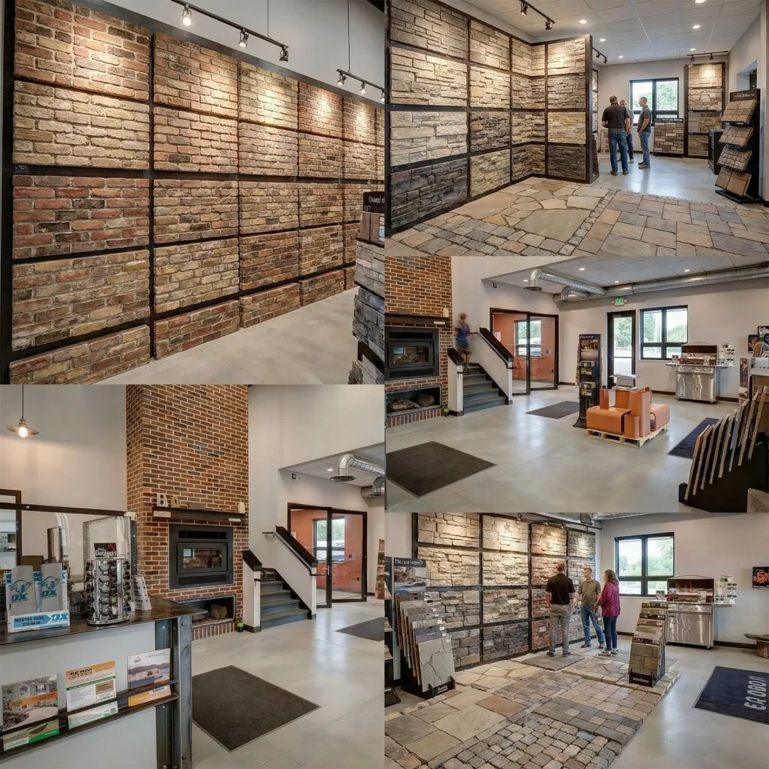 Variety of reclaimed and new brick, stone pavers, and hardscaping materials displayed at a supply store