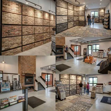 Variety of reclaimed and new brick, stone pavers, and hardscaping materials displayed at a supply store