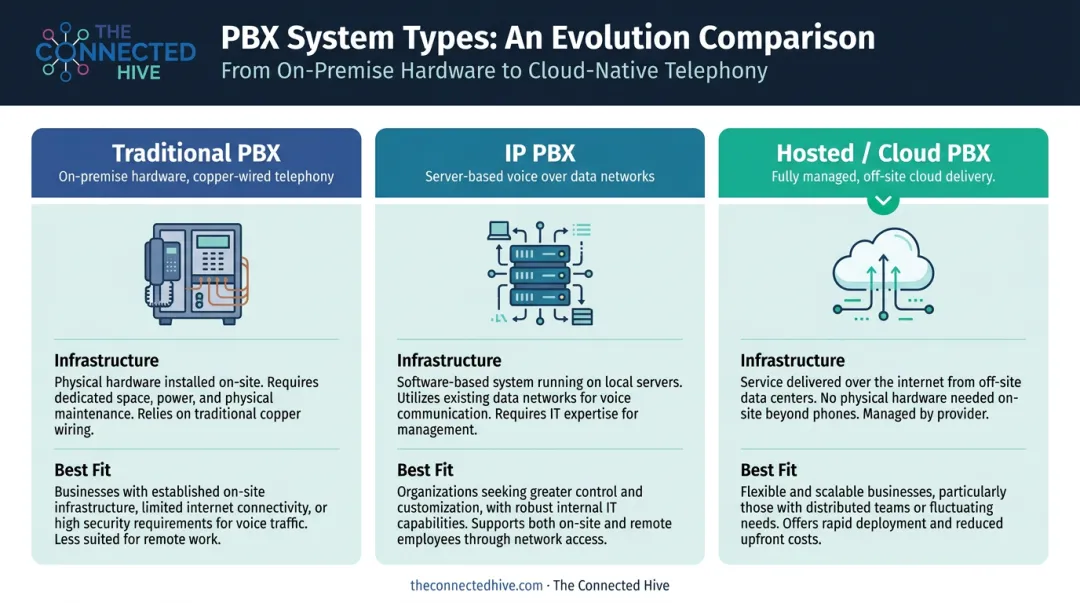 Three call center PBX system types comparison table traditional IP and cloud