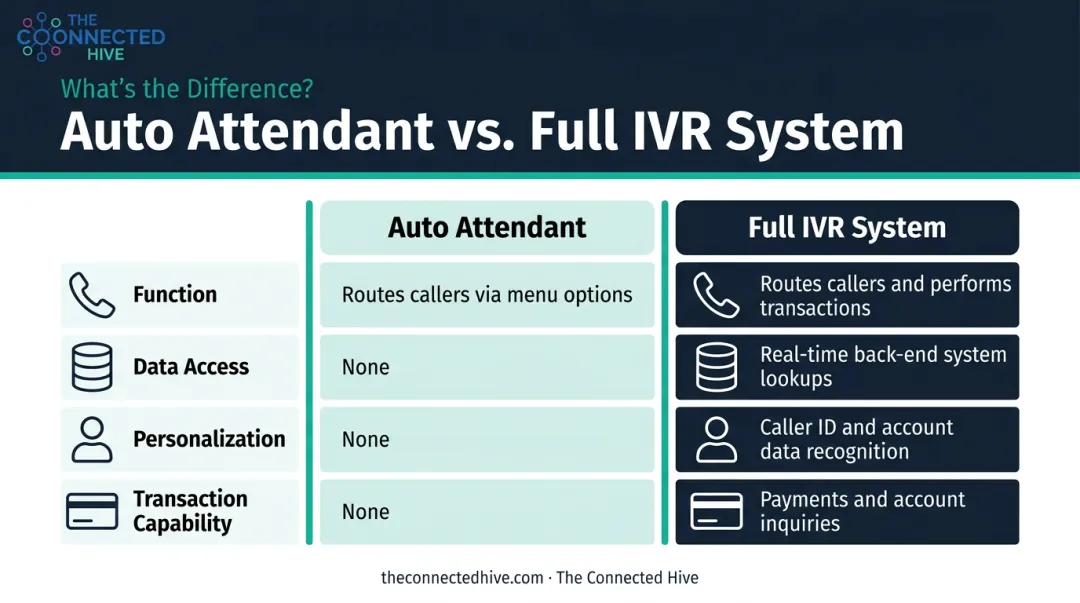 IVR system versus auto attendant side-by-side feature comparison infographic