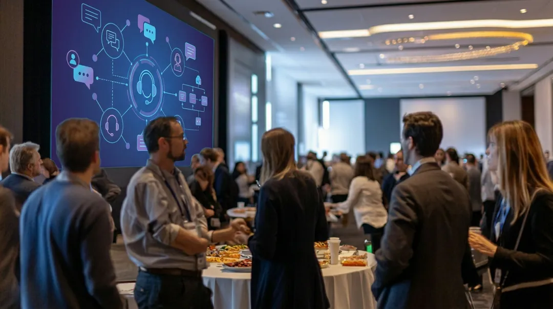 Professional customer experience conference attendees networking in modern convention center