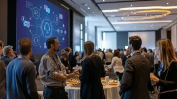 Professional customer experience conference attendees networking in modern convention center