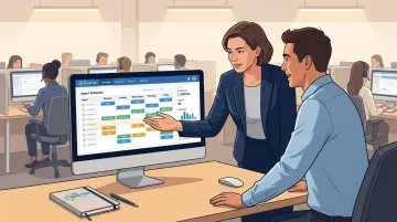 Call center manager and agent reviewing flexible scheduling options on shared computer screen
