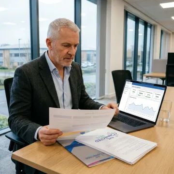 Customer care consultant reviewing CX metrics
