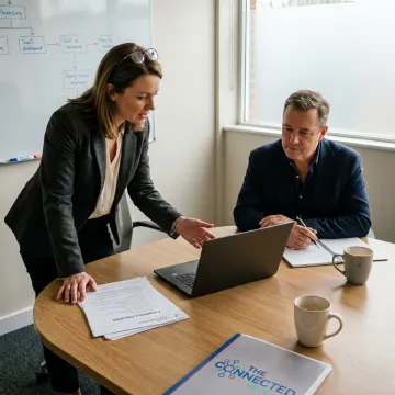 Consultants reviewing health contact center accreditation workflow