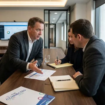 Cost reduction consultant reviewing contact center savings dashboard