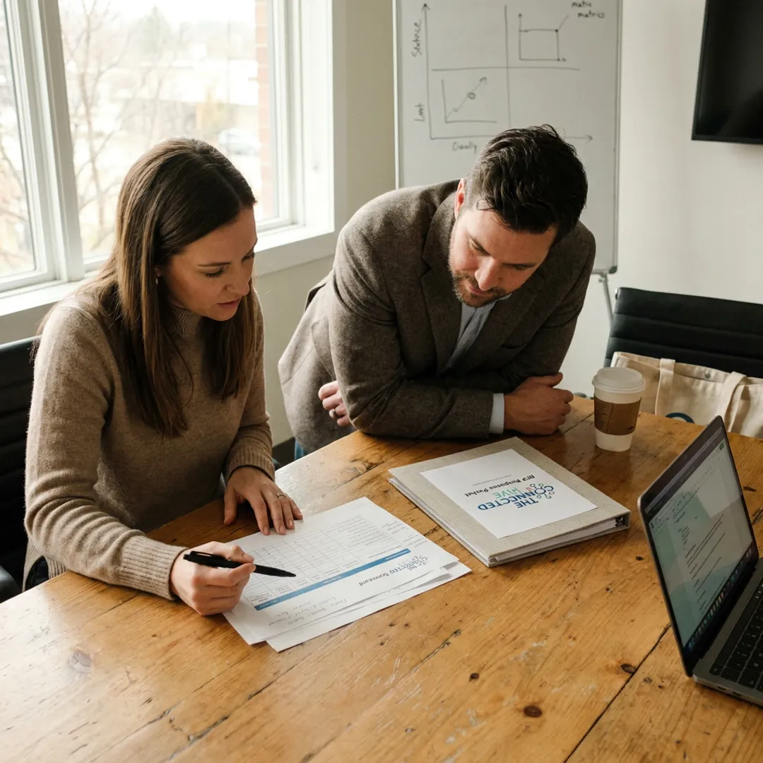 Consultants reviewing contact center provider selection documents