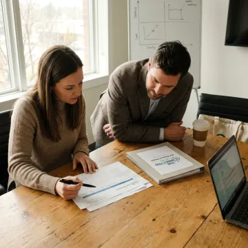 Consultants reviewing contact center provider selection documents