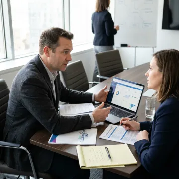Consultants reviewing financial call center outsourcing plans