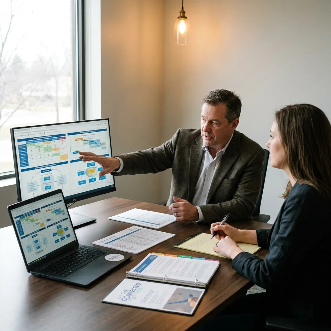 Consultant reviewing contact center technology workflow