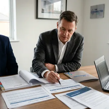 Consultant reviewing vendor scorecards and RFP documents